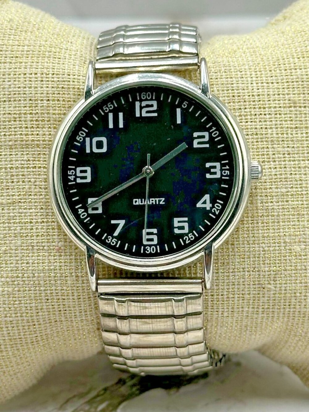 3/$30 Blair Watch Women Silver Tone Black Dial Stretch Band New Battery 6.75"
